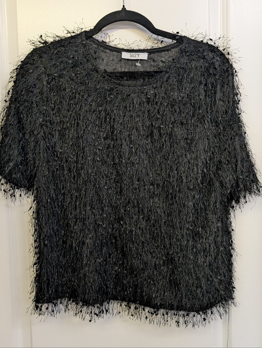 Suzy Shier Black Fringe Short-Sleeve Top